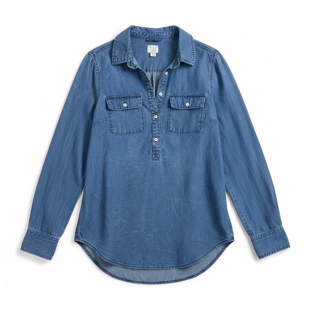A New Day Womens Chambray Popover Blouse Top Blue XS Western Garden Girl Preppy